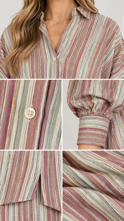 Detailed close-up of striped textured fabric, collar, buttons, and sleeve cuff details