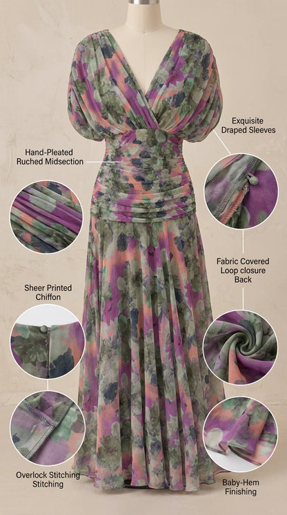 Detailed mannequin display showcasing dress construction, ruched waist, and draped sleeves