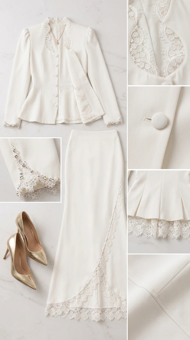 Flat lay and close-up detail photos of ivory jacket lace neckline, beaded cuffs, buttons, and skirt hem