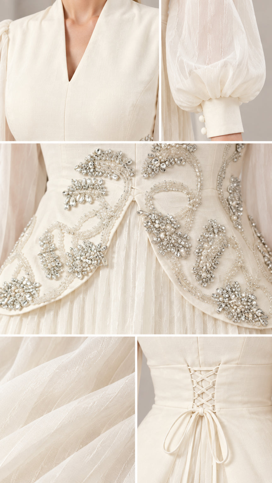 Close-up details of neckline, beaded embroidery waist, sheer pleated fabric, and lace-up back