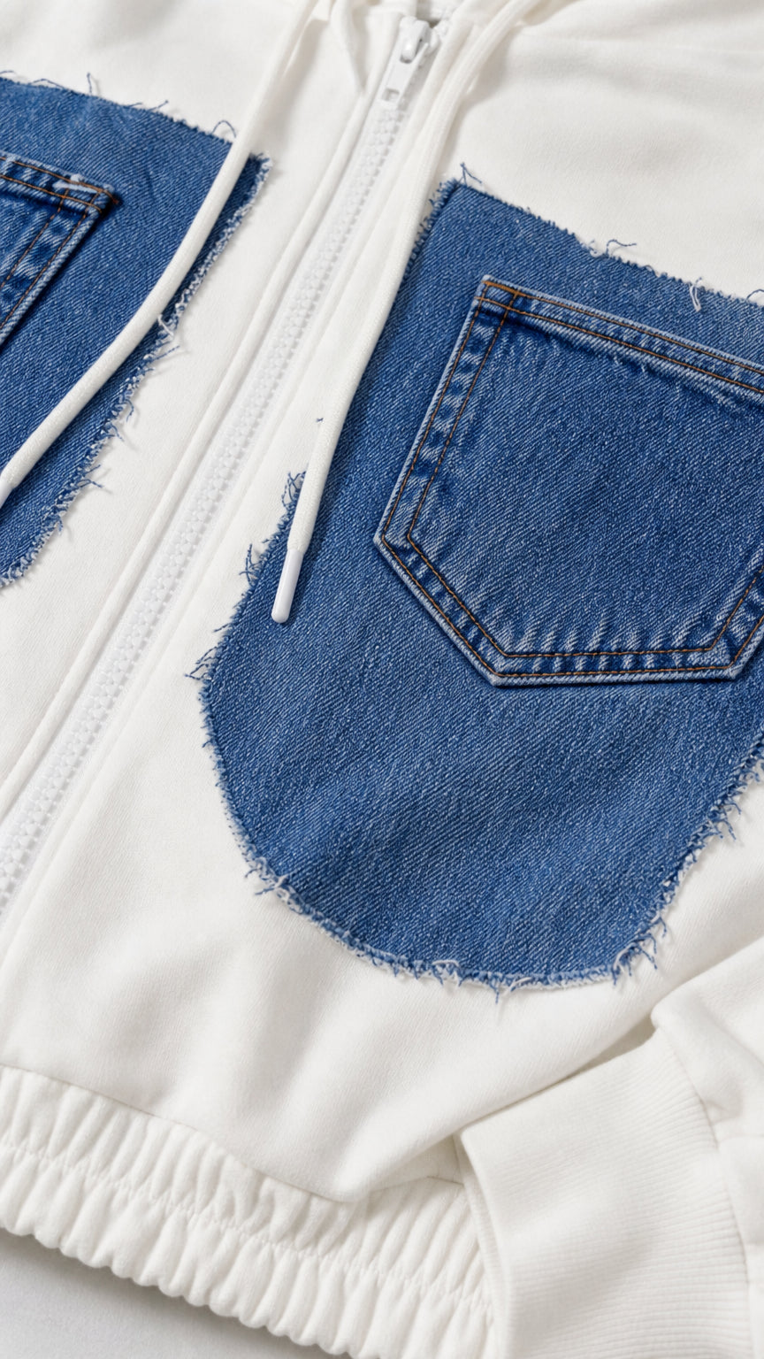 Close-up detail of white zip hoodie showing raw edge denim chest pocket and ribbed hem