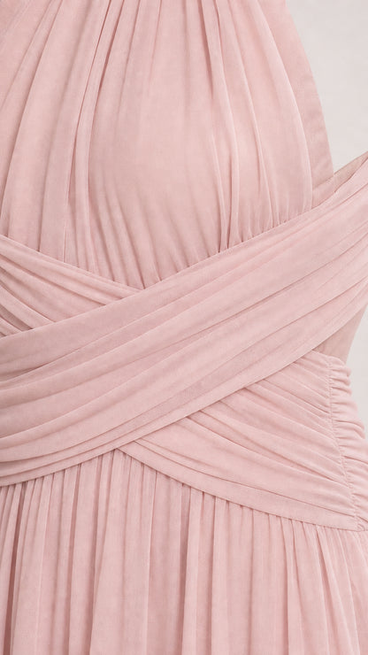 Close up of blush pink pleated criss-cross bodice and halter neckline