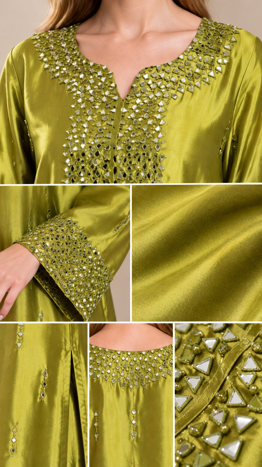 Close-up details of crystal neckline beading and satin fabric texture