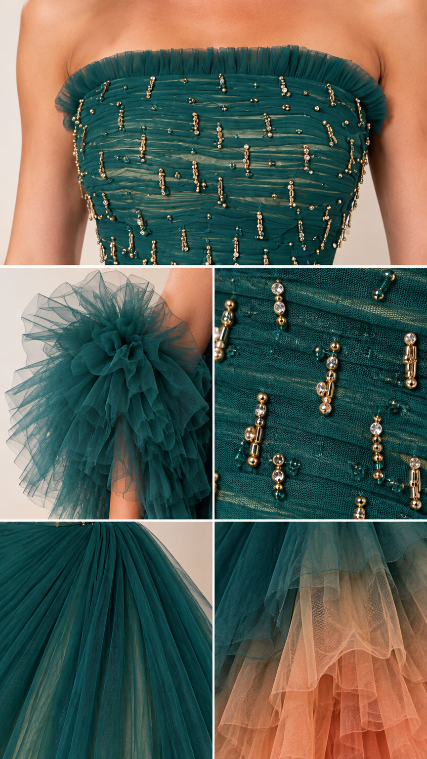 Close-up details of beaded strapless bodice and ruffled tulle sleeve wraps