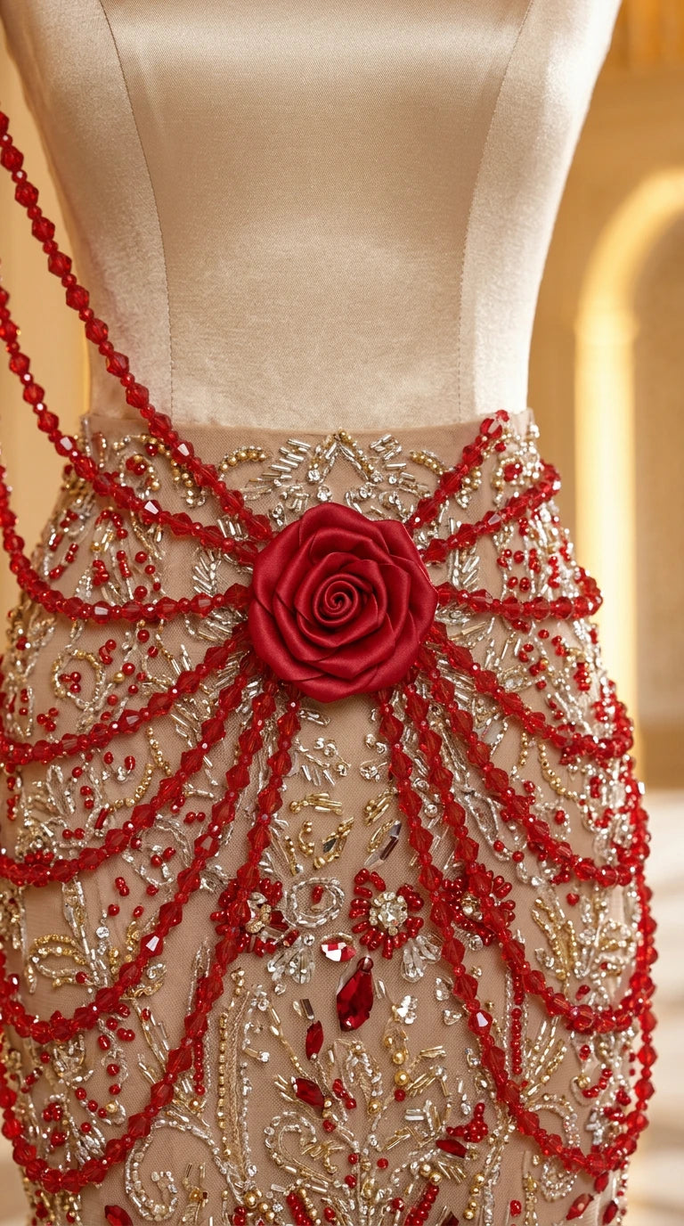 Close-up detail of red 3D rose appliqué and crystal beadwork on the bodice and waist