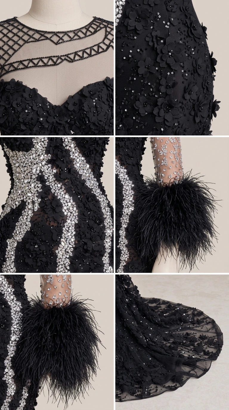 Close-up details of crystal neckline, lace appliques, and feather cuffs
