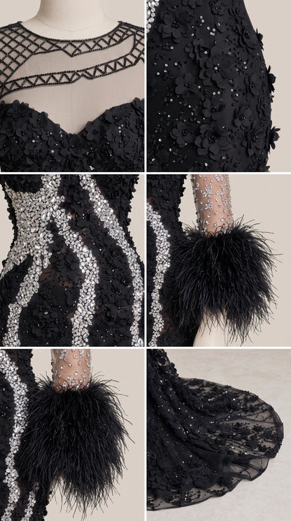 Close-up details of crystal neckline, lace appliques, and feather cuffs