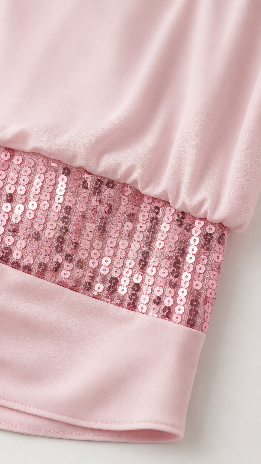 Close-up of sparkling sequin trim on Blush Pink Blouson Maxi Dress