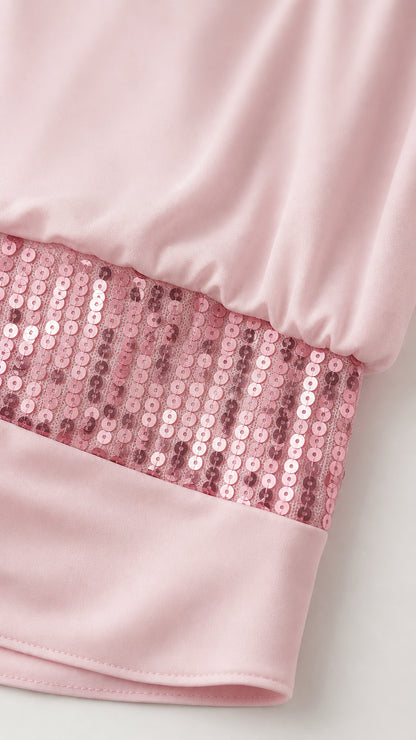 Close-up of sparkling sequin trim on Blush Pink Blouson Maxi Dress
