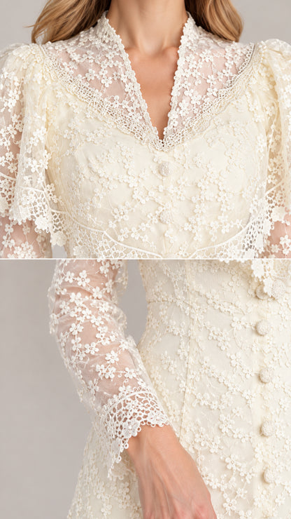 Close-up detail of scalloped V-neckline and lace sleeve texture