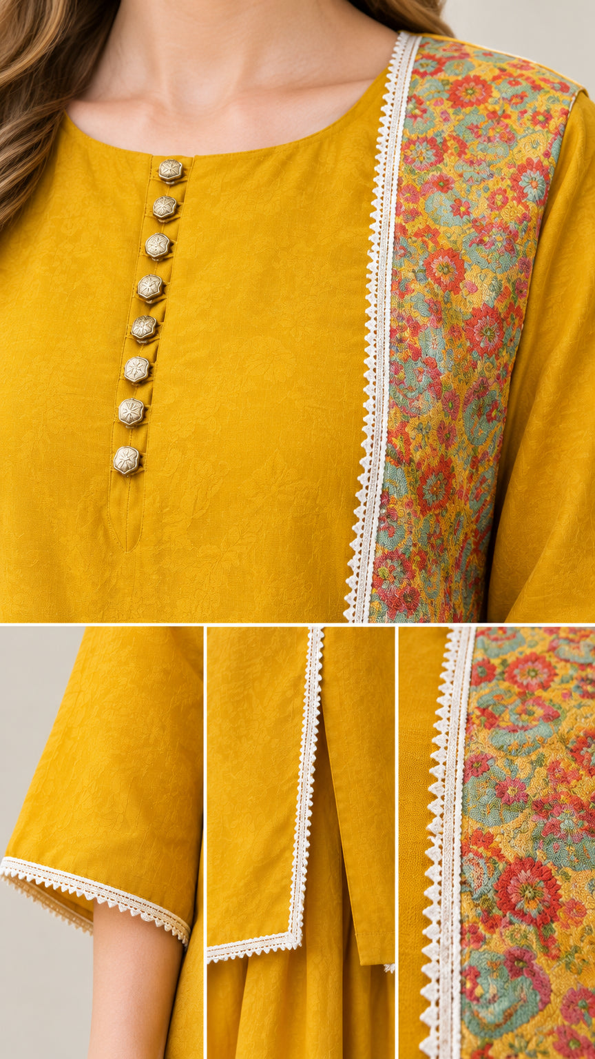 Close-up details of neckline buttons, lace trim, and floral shoulder panel