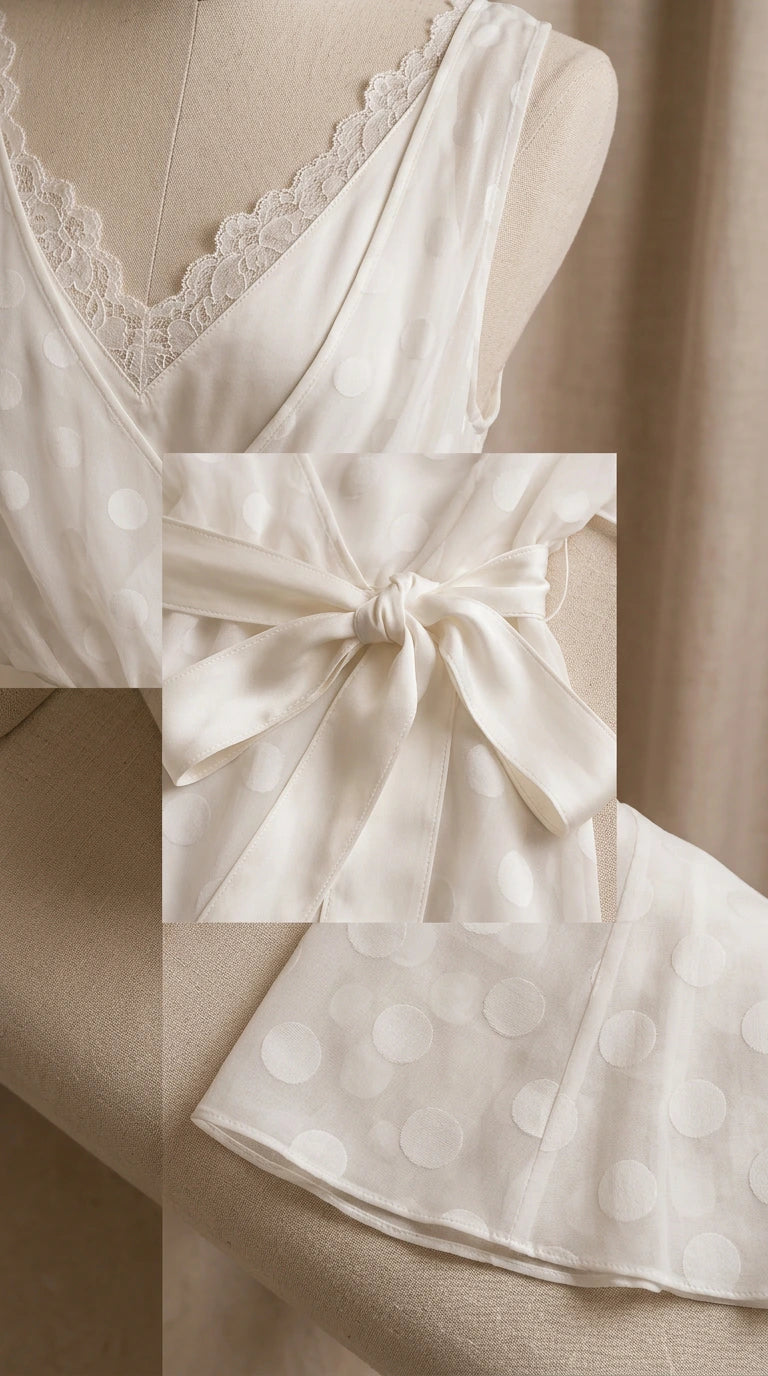 Close-up details of eyelash lace neckline, tied waist sash, and polka dot texture