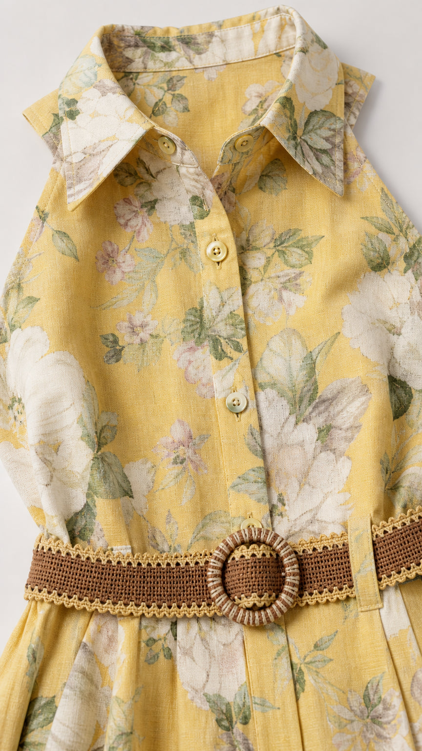 Close-up detail of collar, button placket, and textured woven belt