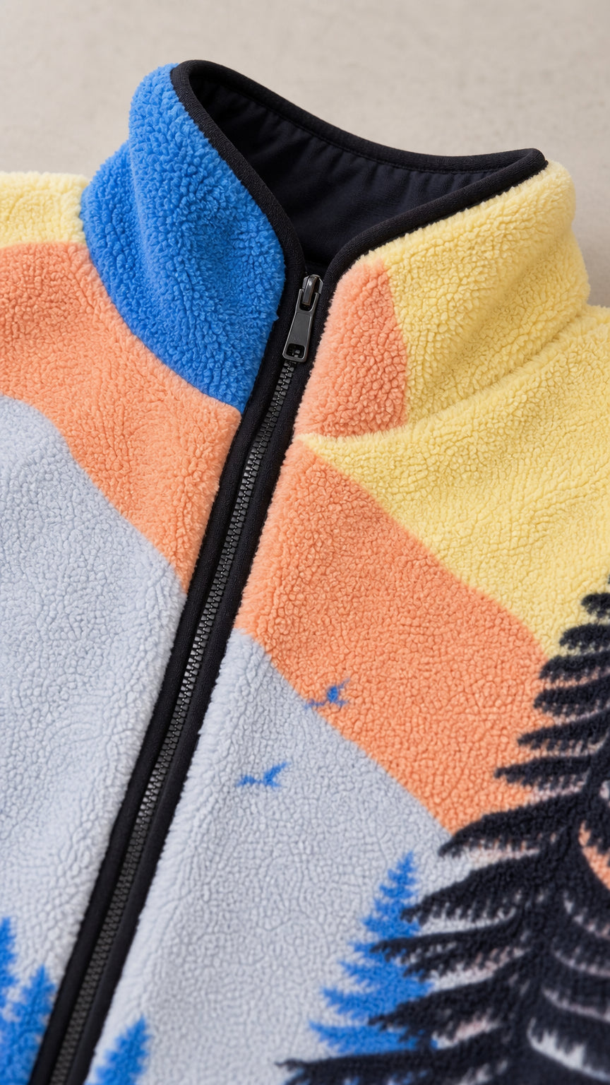 Close-up detail of textured fleece fabric, zipper, and color block collar