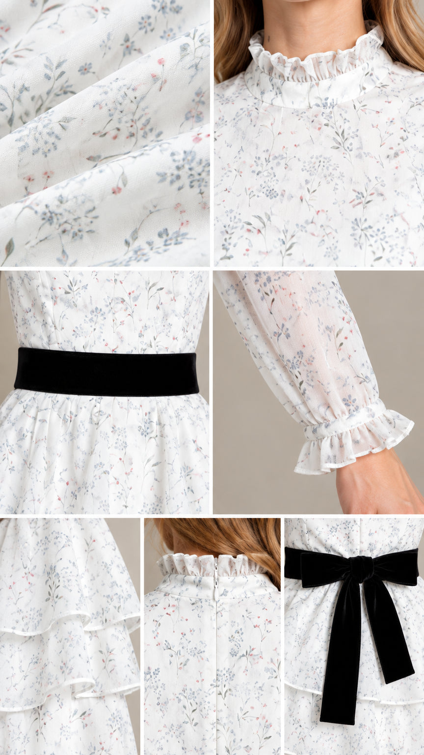 Close-up details of floral fabric, ruffled neckline, velvet sash, tiered peplum, and sleeve cuff