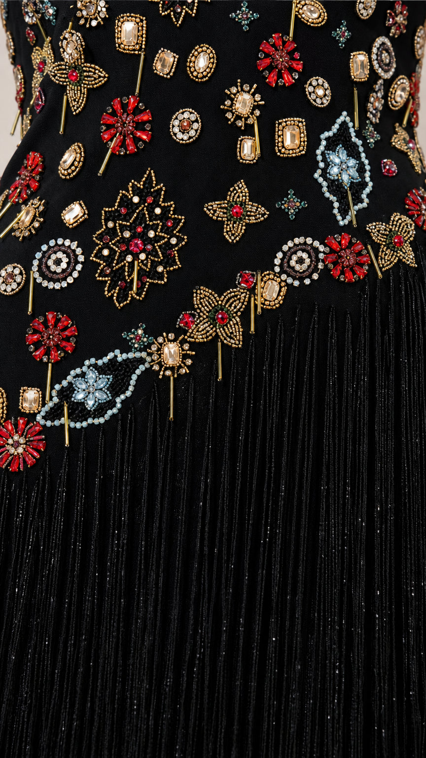 Close-up of colorful crystal beadwork and tassel details on black dress bodice