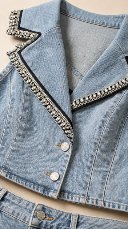 Close-up detail of rhinestone trim along the asymmetric denim vest collar and front buttons