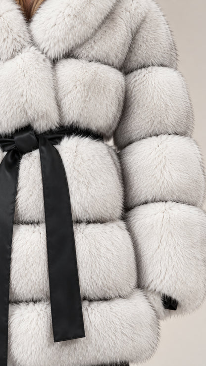 Close-up texture detail of soft plush faux fur material and contrast black belt
