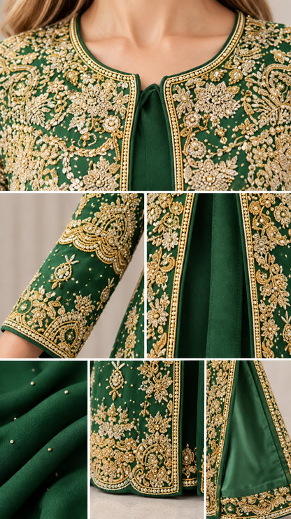 Close-up details of intricate golden floral embroidery and scalloped cuffs