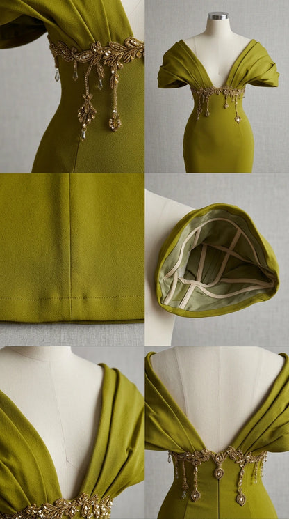 Close-up details of beaded waist applique, pleated neckline, interior boning, and finished hem