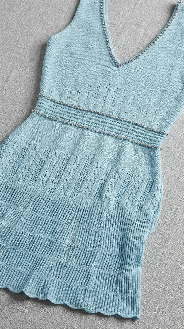 Close-up flat lay of light blue knit dress showing beaded trim and textured stitch pattern