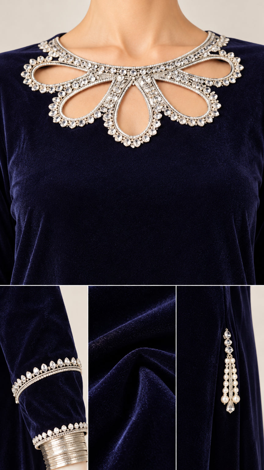 Close-up details of rhinestone petal neckline and embellished cuffs on velvet fabric