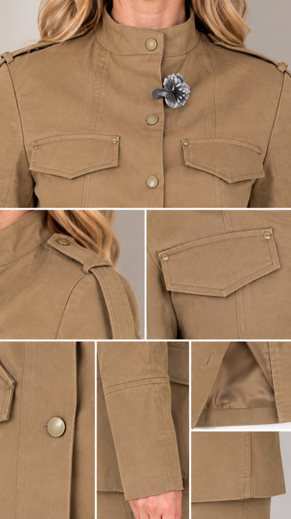 Close-up details of stand collar, pocket flap, buttons, and epaulet on utility jacket