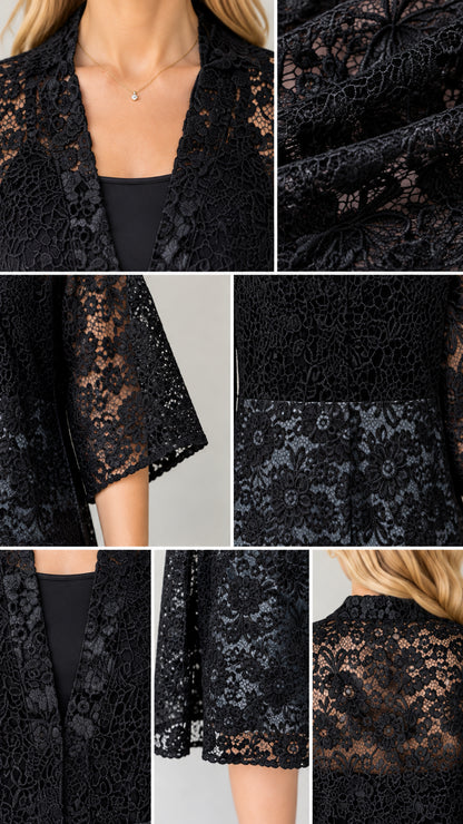 Detailed closeups of black floral lace neckline, wide sleeve, fabric texture, and hem