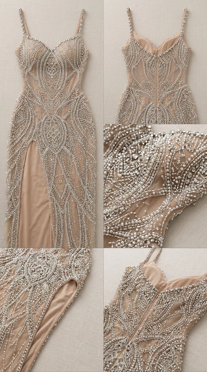 Close-up details of beadwork, neckline, slit, and lining construction
