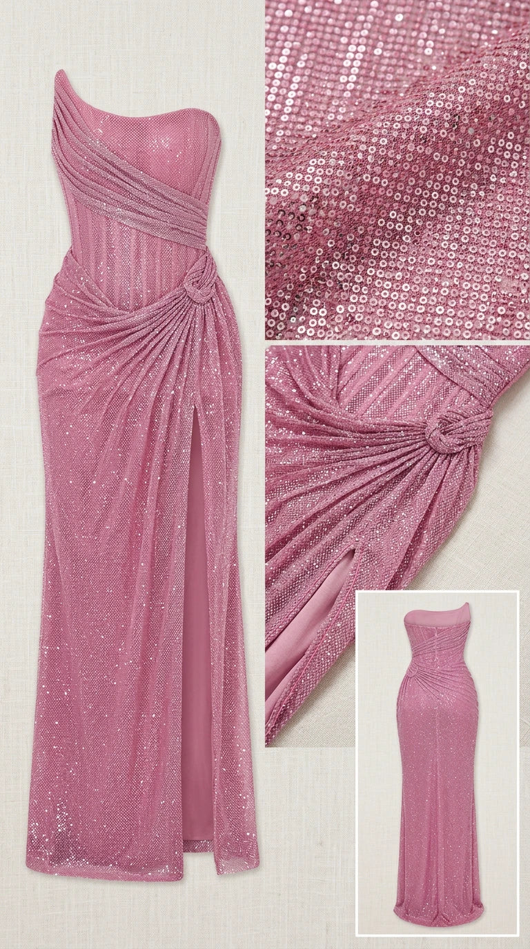 Flat lay and fabric detail of pink sequin draped evening gown with slit