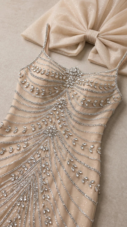 Close-up detail of bodice intricate rhinestone beadwork and structured bow