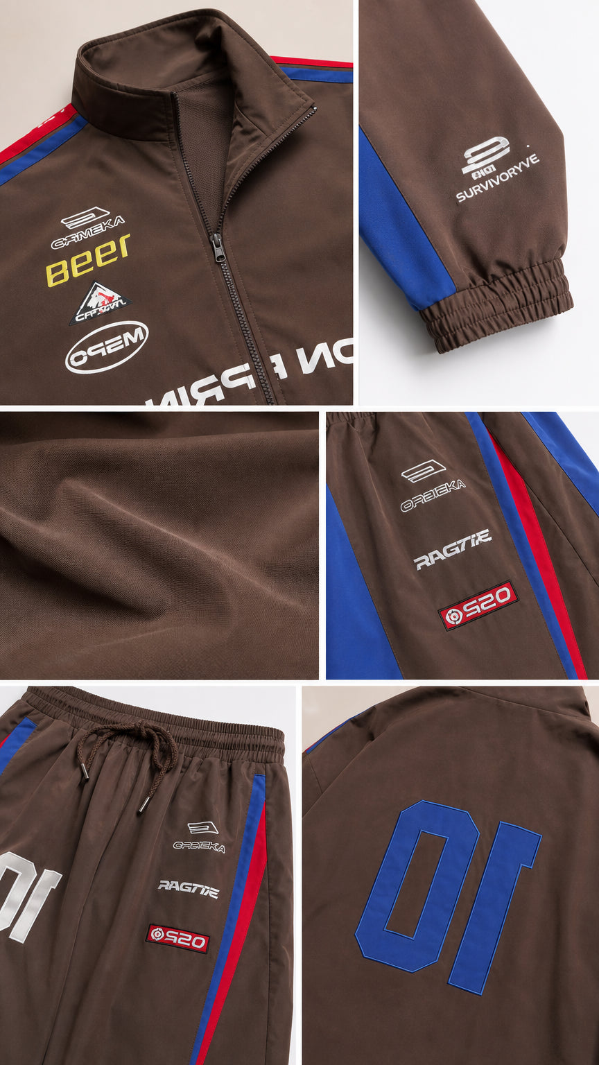 Close-up detail collage of brown tracksuit fabric, collar zipper, elastic cuff, drawstring waist, and back print