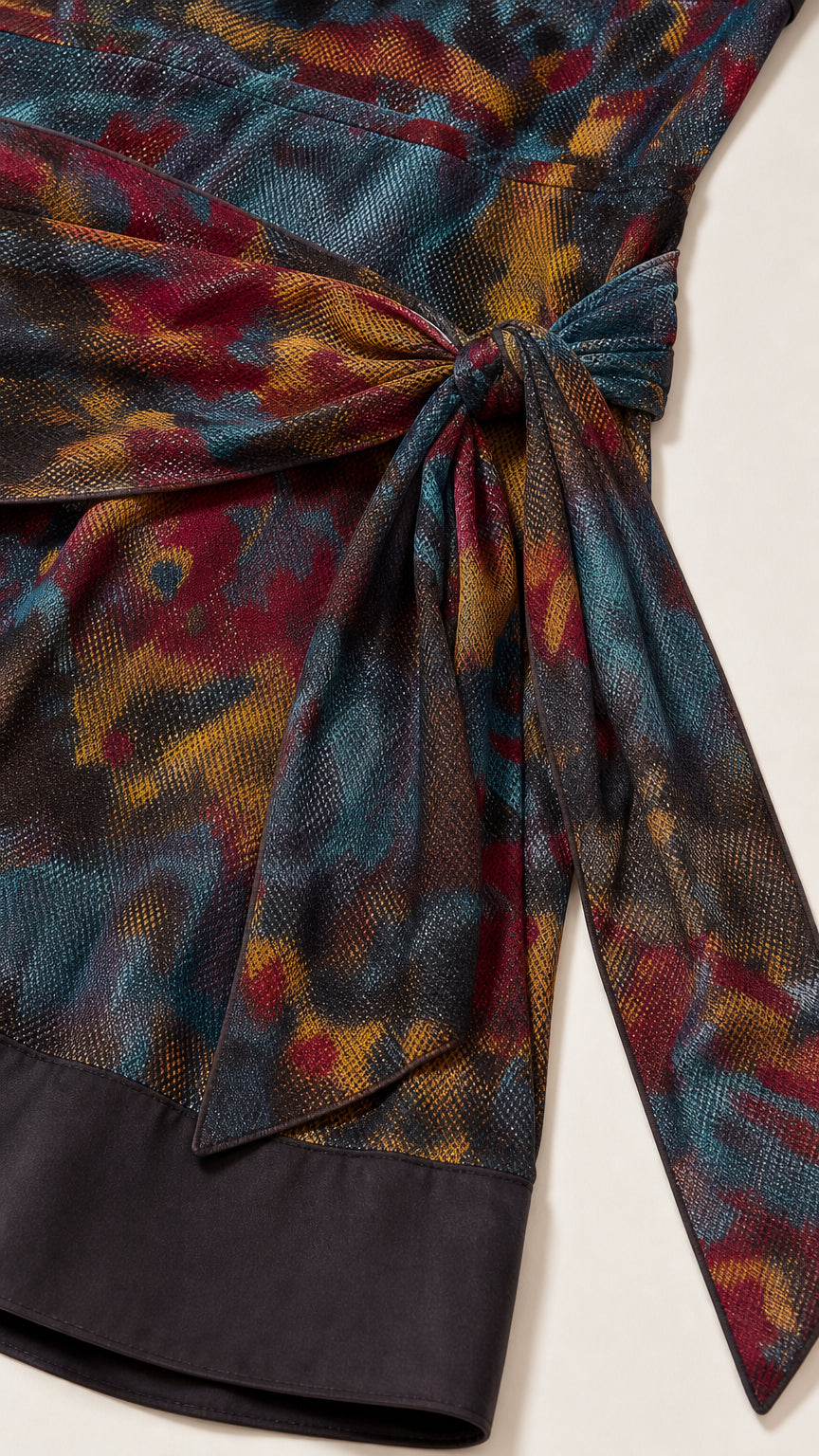 Close-up detail of side knot sash, abstract textured print, and black contrast hem