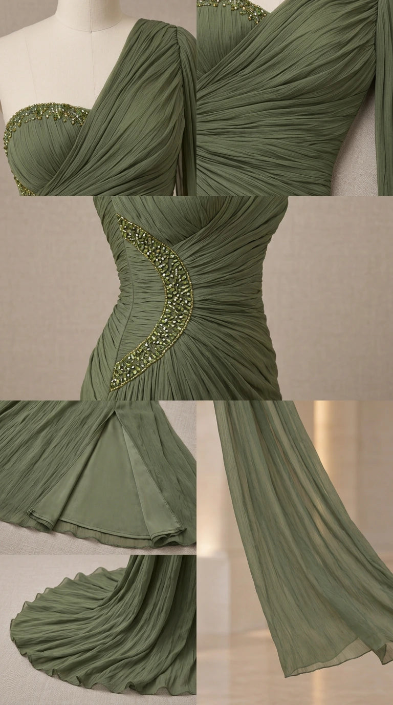 Close-up details of beaded embellishment and pleating on chiffon gown