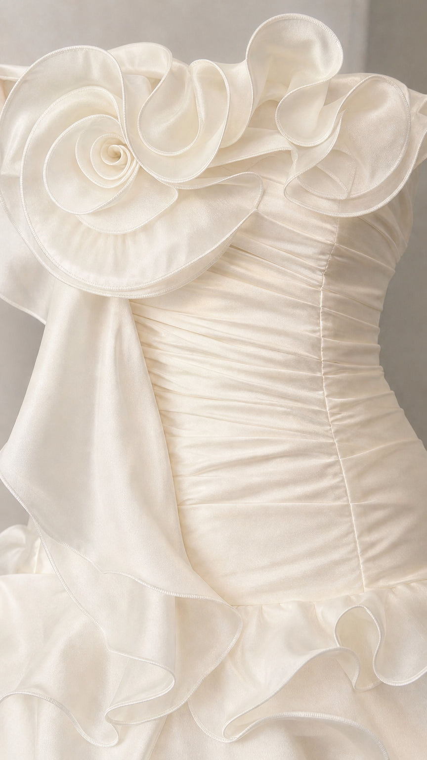 Close-up detail of Ivory 3D floral rosette appliqué and ruched bodice fabric