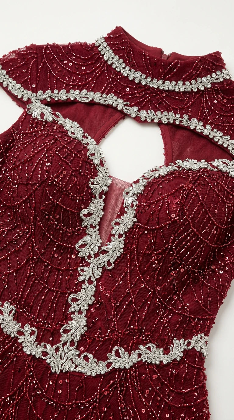 Close-up detail of silver crystal embroidery, beadwork, and keyhole cutout on burgundy dress