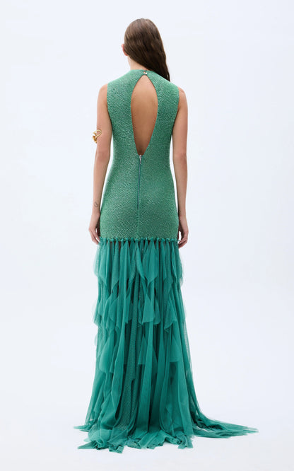 Back view of emerald evening gown with teardrop open back and layered floor-length hem