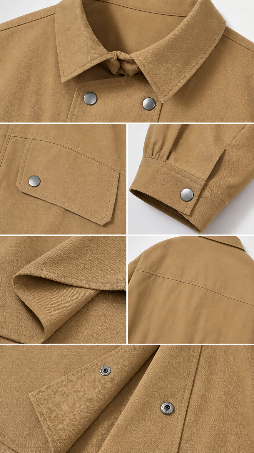 Close-up details of collar, snap buttons, flap pocket, and sleeve cuff on camel shirt