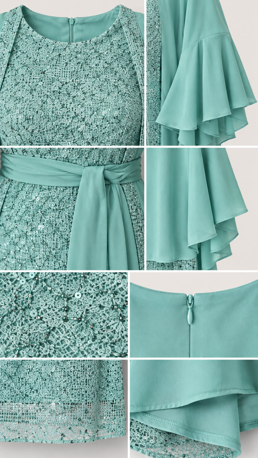 Detailed close-up of sequined floral lace fabric, waist sash, flounce cuff, and zipper