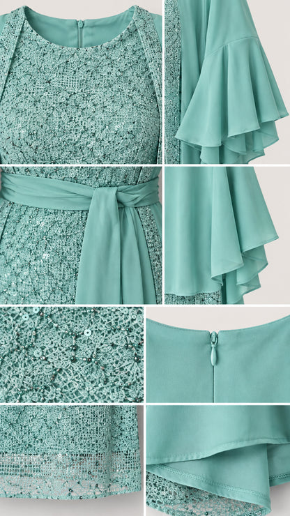 Detailed close-up of sequined floral lace fabric, waist sash, flounce cuff, and zipper