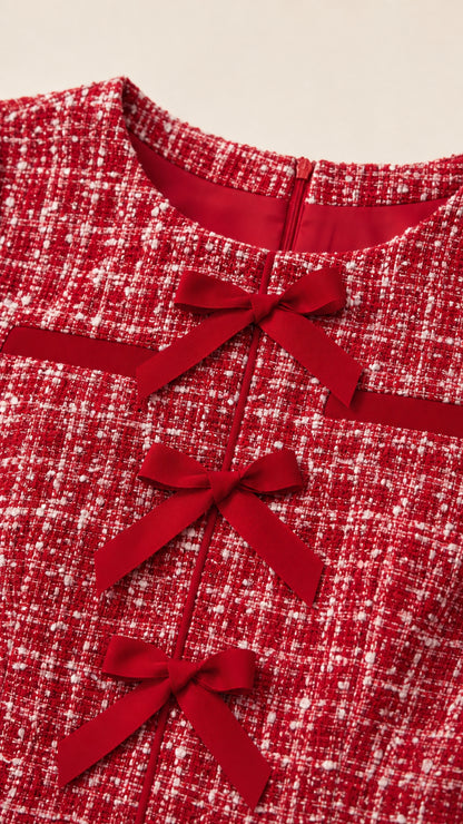 Close-up detail of Red tweed fabric, three ribbon bows, and interior neckline lining