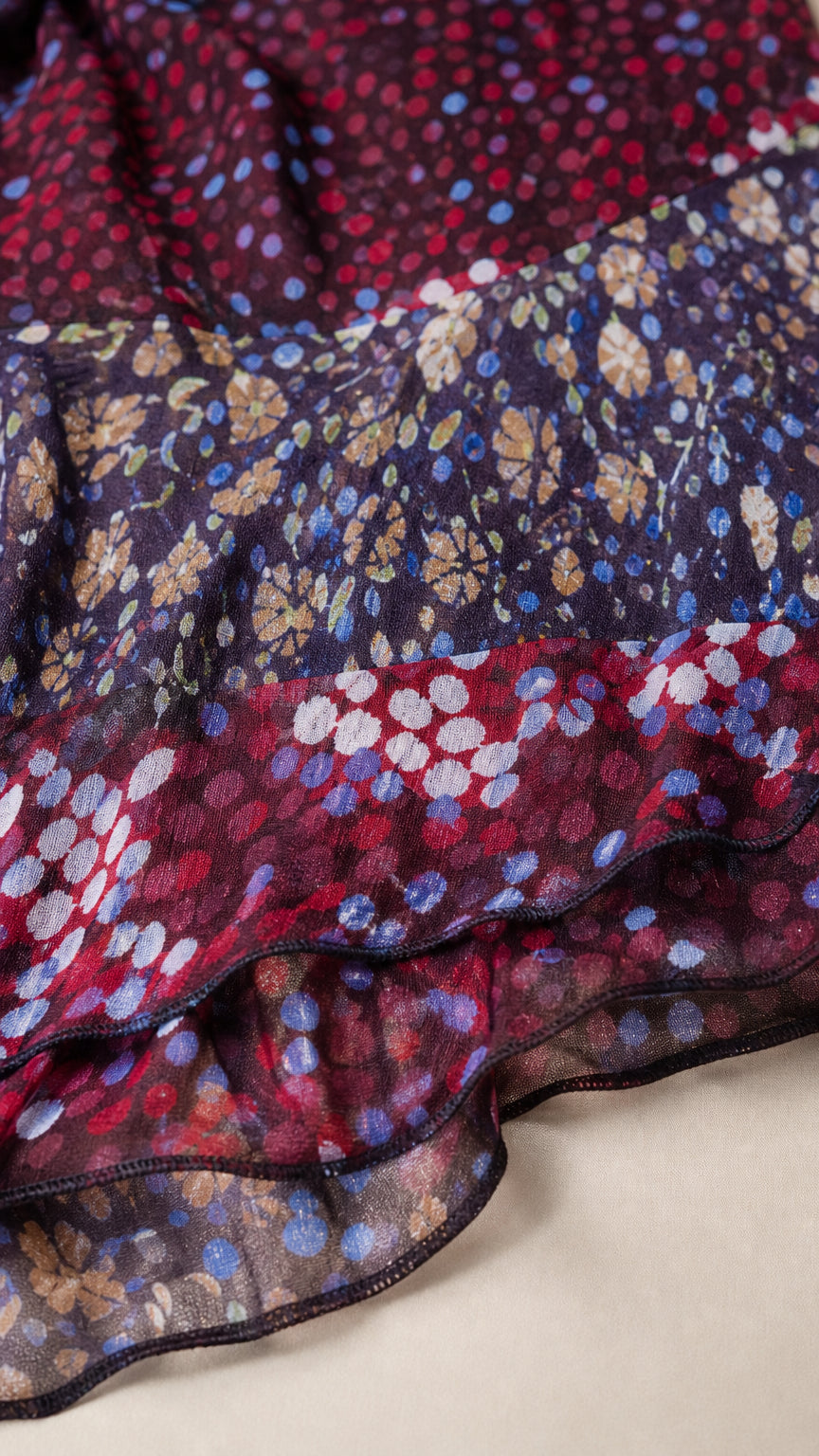 Close-up detail of sheer printed floral and dotted ruffle fabric
