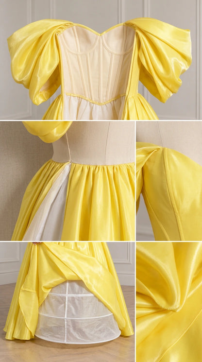 Interior and construction detail collage showing bodice boning, waist pleats, and lining