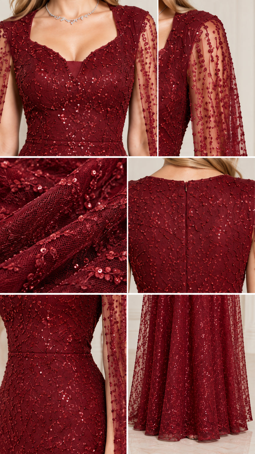Close-up details of burgundy sequin dress neckline, cape sleeves, zipper, and fabric texture