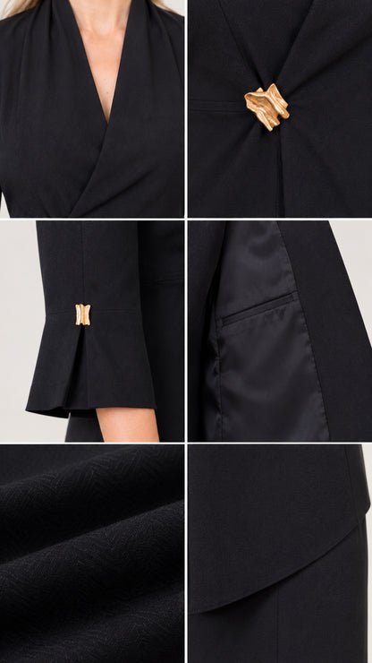 Close-up detail collage showing gold buckle closure, cuff hardware, and fabric texture