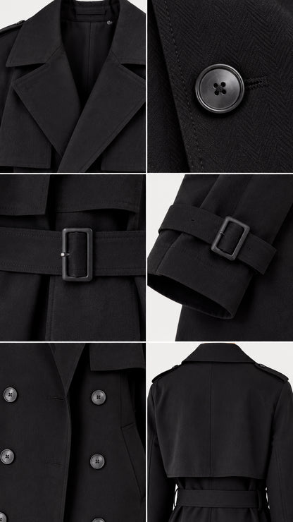 Close-up details of collar, buttons, belt buckle, and cuff straps on black trench coat