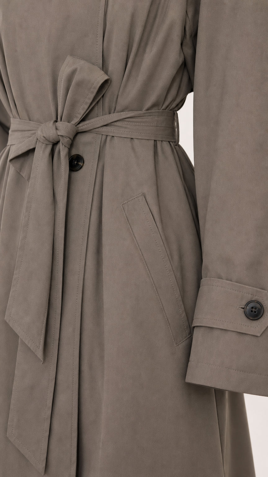 Close-up detail of waist belt tie, side pocket, and cuff button
