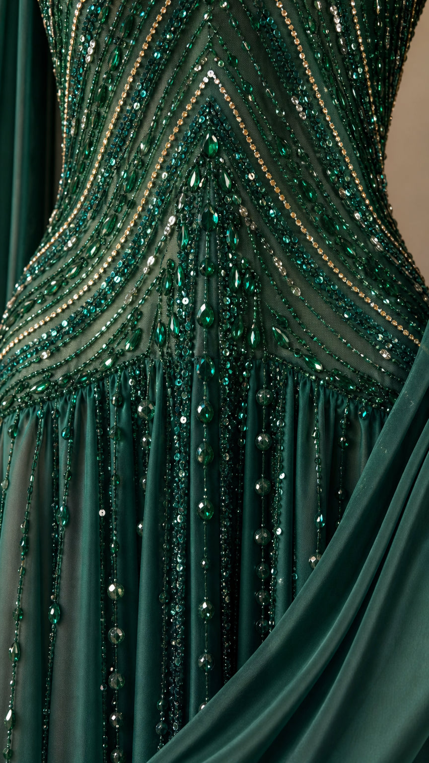 Close-up detail of green beaded embroidery and sequins on bodice