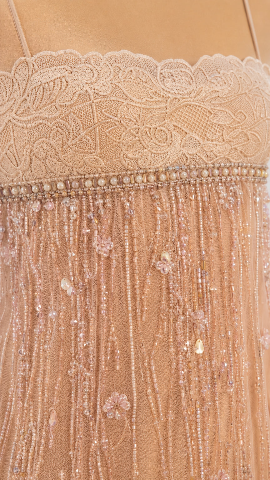 Close-up detail of scalloped lace neckline and beaded embroidery