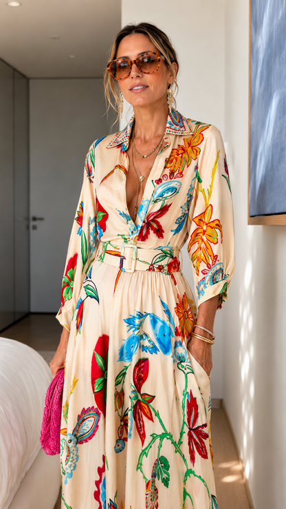 Close-up of cream printed collared maxi dress showing neckline, belt, and colorful pattern